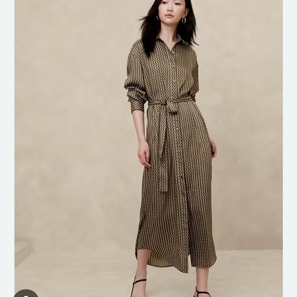 Elegant Black and Military Green Patterned Satin Maxi Shirt Dress Size S New